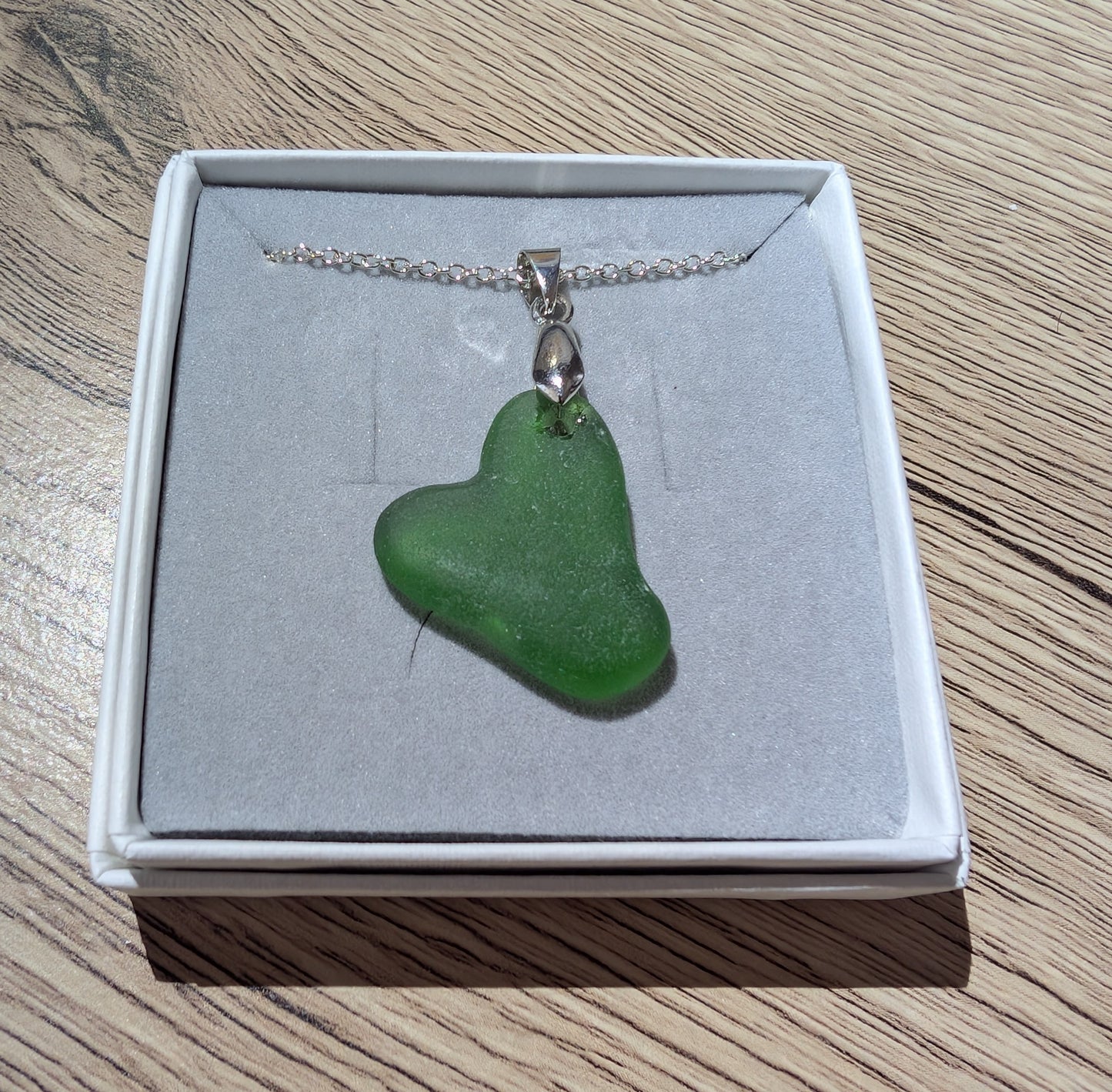 Green Sea Glass Heart Pendant Necklace – Sterling Silver Coastal Jewellery