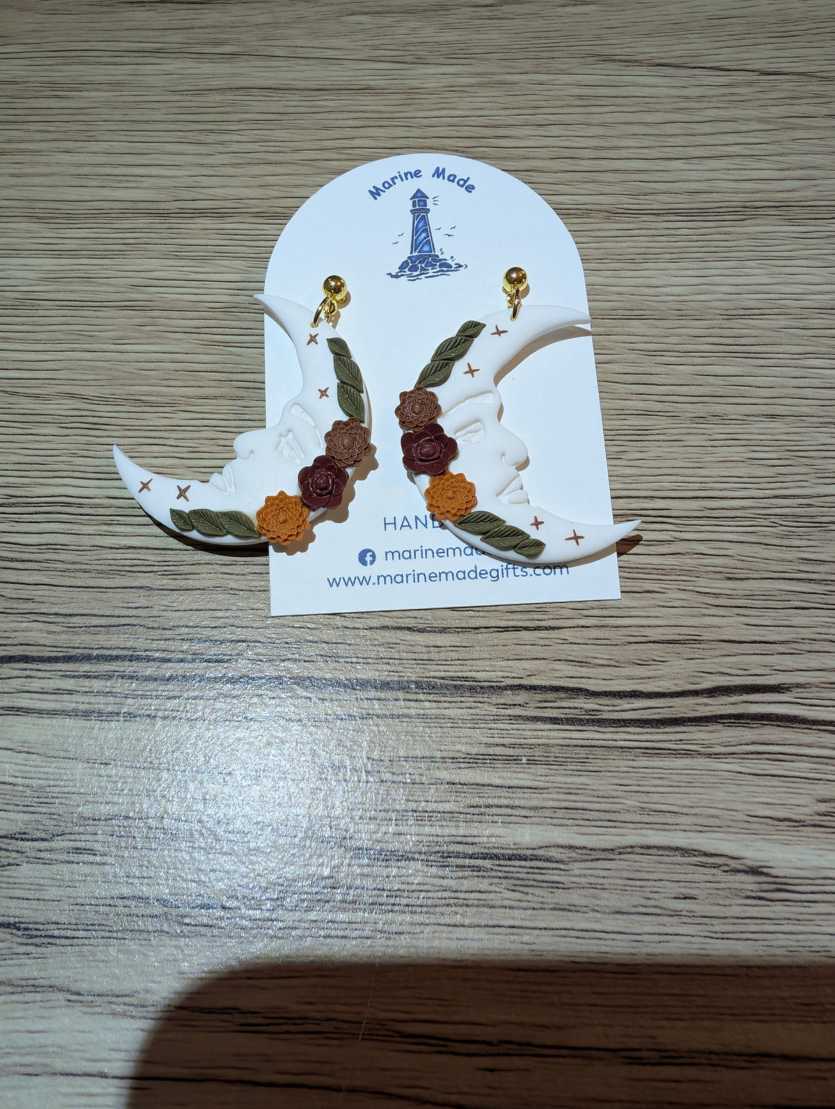 Handmade Polymer Clay Crescent Moon Floral Drop Earrings