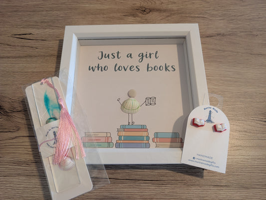 Book Lover Gift Set – Handmade Earrings, Resin Bookmark & Framed Sea Shell picture