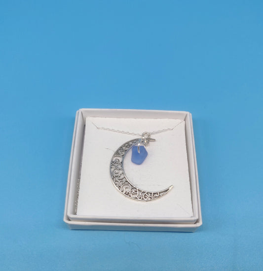 Sea Glass Moon Pendent Necklace Blue Colour