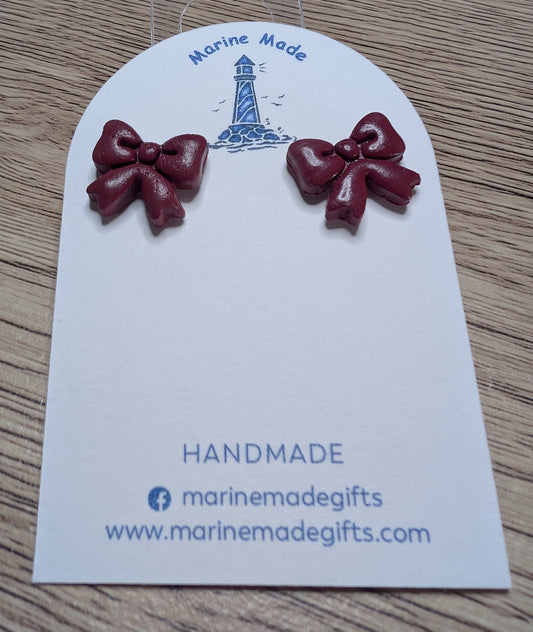 Burgundy Bow Polymer Clay Earrings 🎀