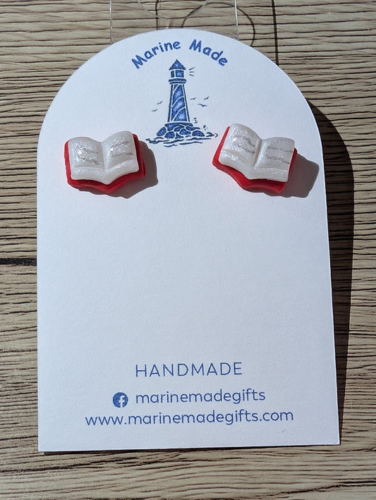 book earrings with writing
