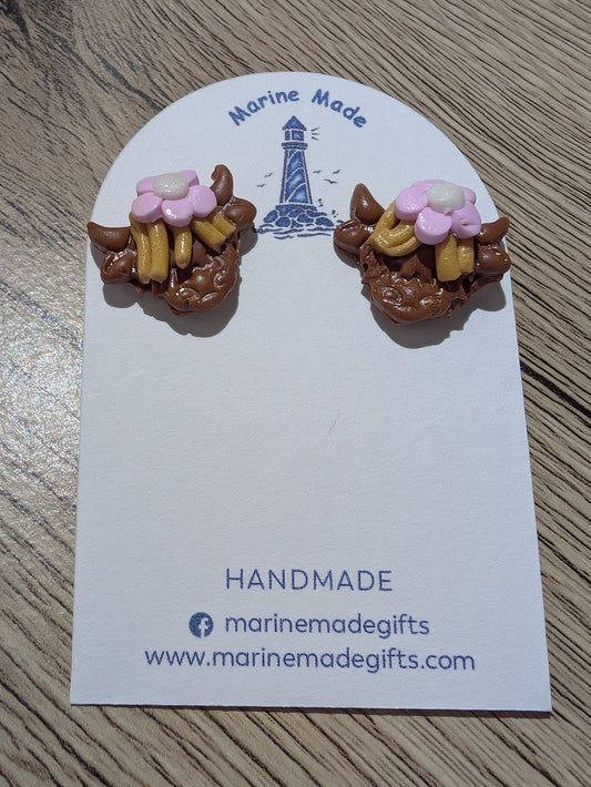Highland Cow Stud Earrings with Pink Flowers – Handmade Polymer Clay Jewellery