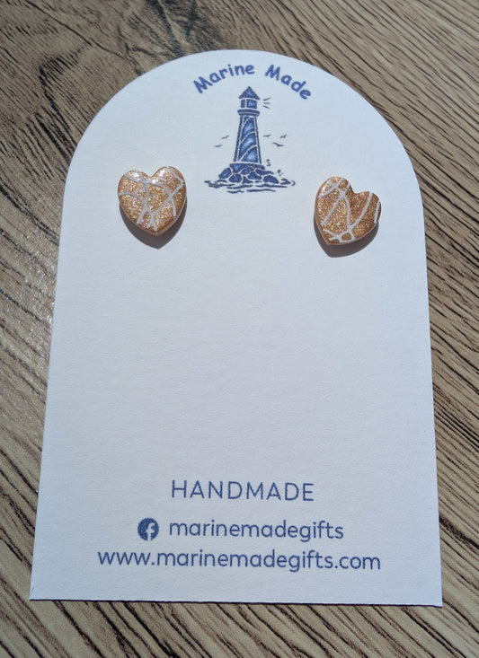Gold &amp; White Heart Stud Earrings – Handmade Polymer Clay Jewellery