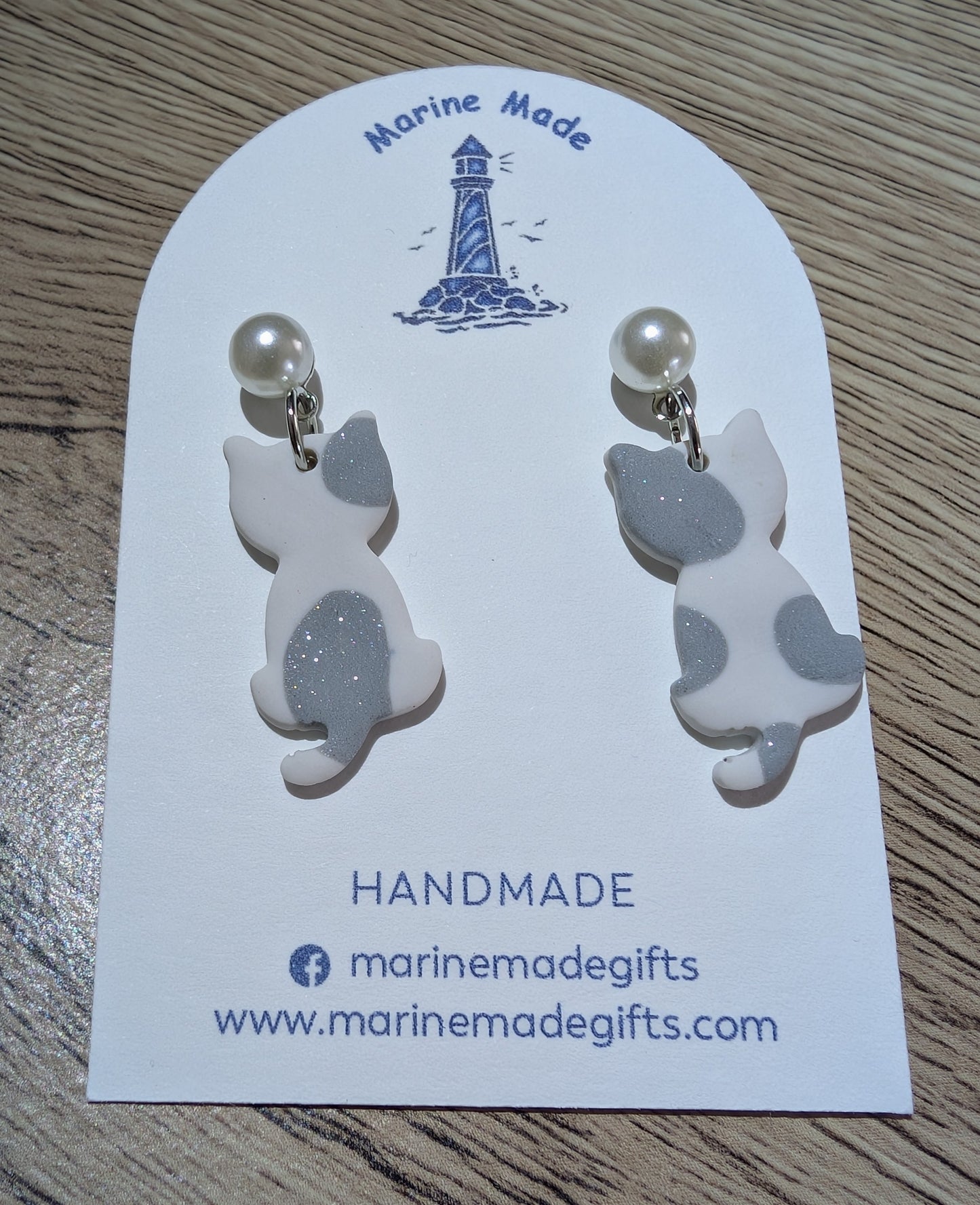 Handmade Cat Earrings with Pearl Stud – Polymer Clay Animal Jewellery