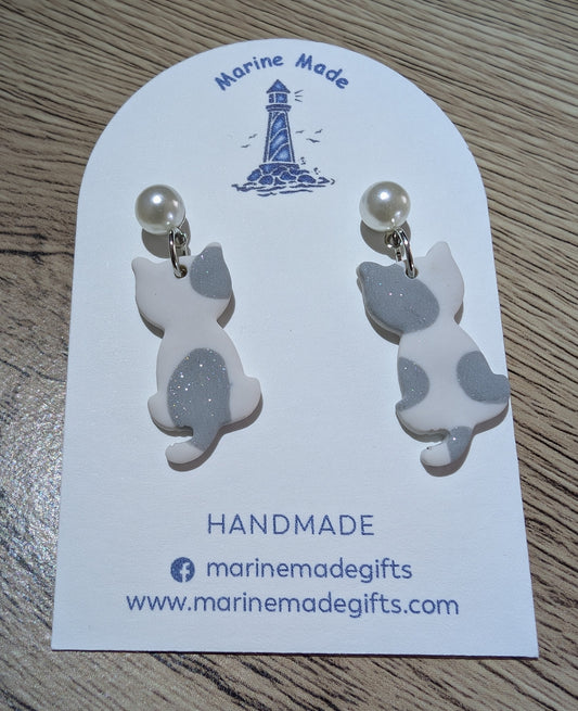 Handmade Cat Earrings with Pearl Stud – Polymer Clay Animal Jewellery