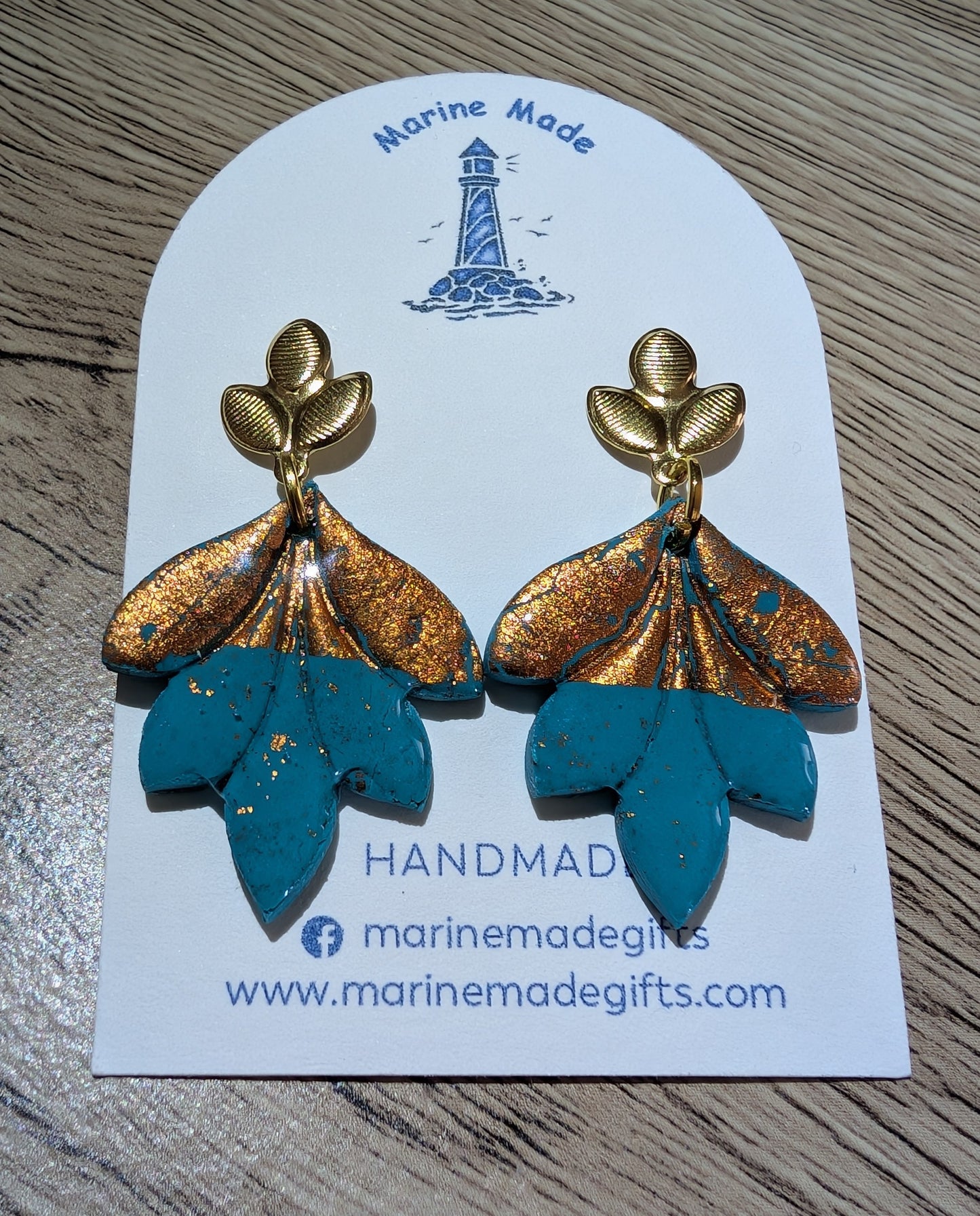 Handmade Teal & Gold Leaf Earrings – Polymer Clay Statement Jewellery