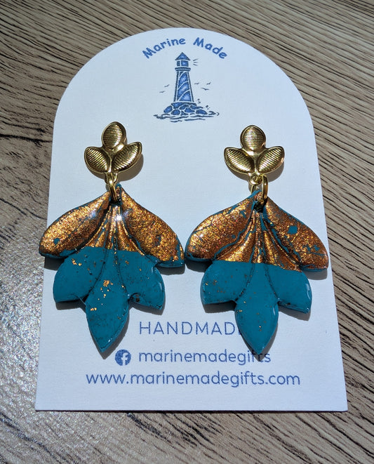 Handmade Teal & Gold Leaf Earrings – Polymer Clay Statement Jewellery