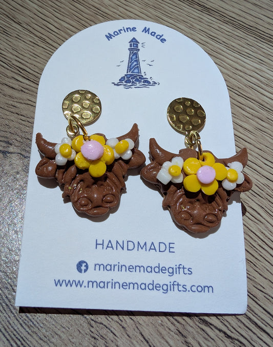 Handmade Highland Cow Floral Earrings – Polymer Clay Statement Jewellery