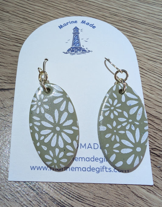 Handmade Floral Pattern Drop Earrings – Polymer Clay Neutral Statement Jewellery