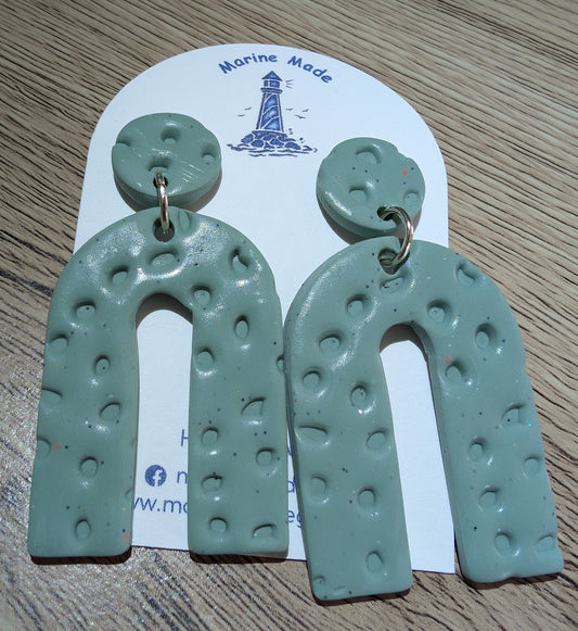 Handmade Sage Green Arch Earrings – Polymer Clay Textured Statement Jewellery