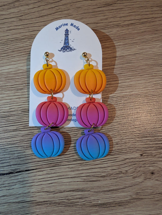 Handmade Polymer Clay Triple Pumpkin Ombre Drop Earrings