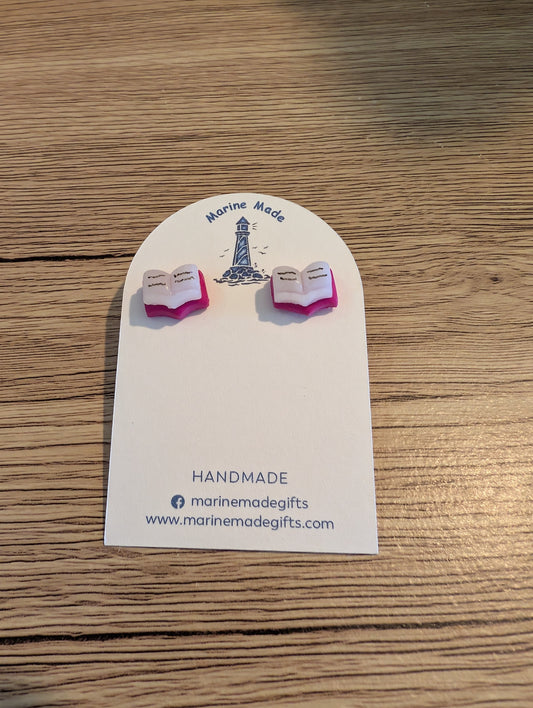 Deep pink open 📚 book stud earrings idea gift for that book lover in your life.